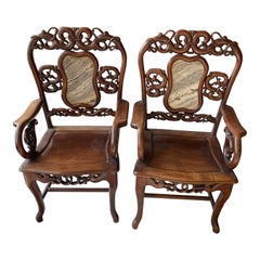 Pair of Chinese Antique Armchairs with Marble Inset