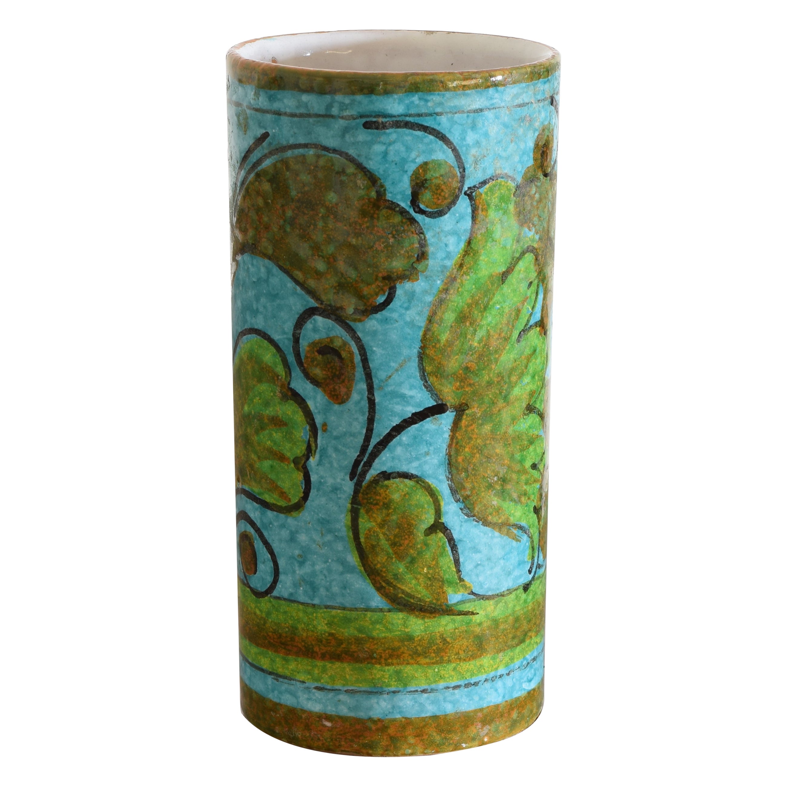 Vintage Italian Turquoise, Brown and Green Hand-Painted Vase For Sale