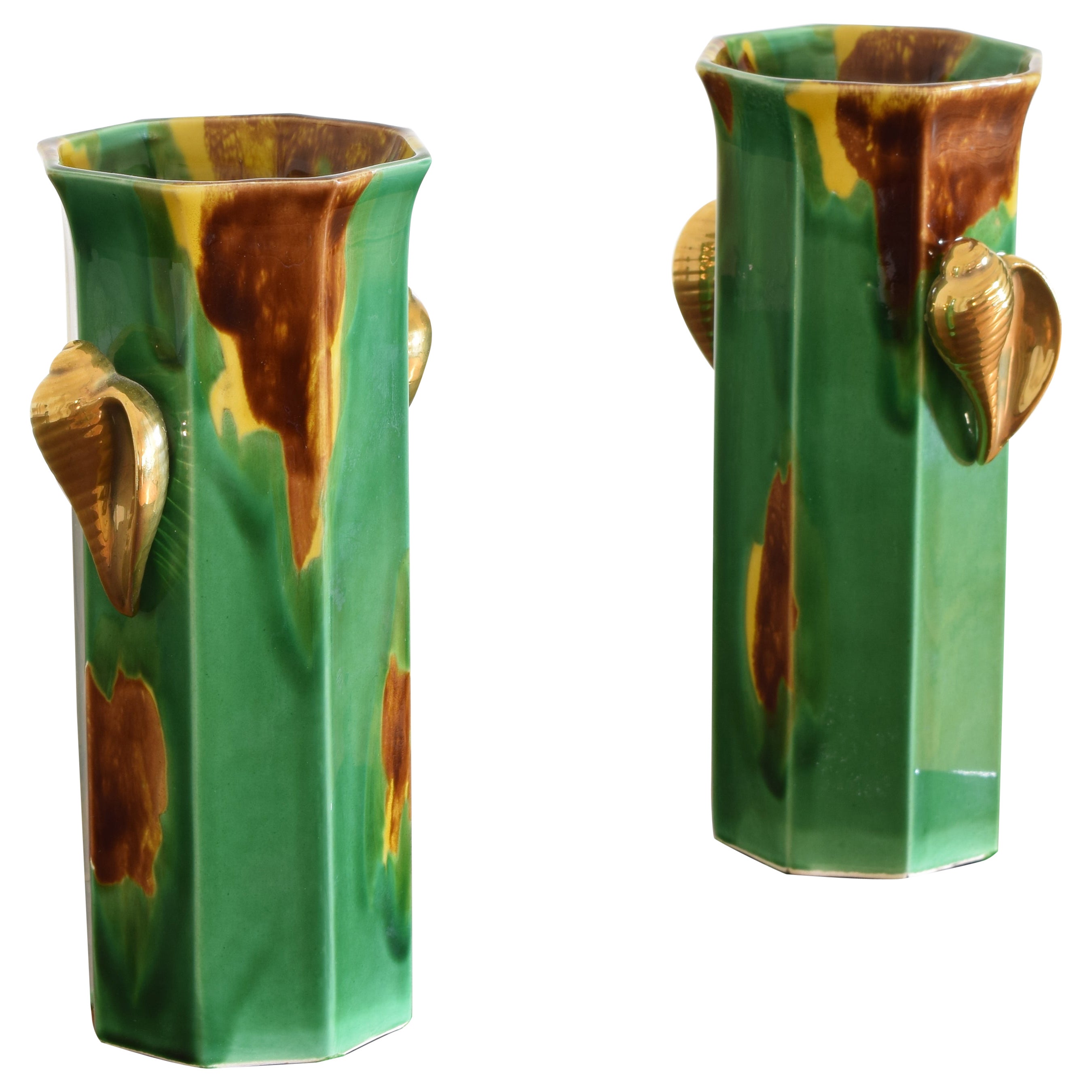 Pair of Mid-Century Modern Hand Painted Vases with Gilded Shell Decorative Forms For Sale