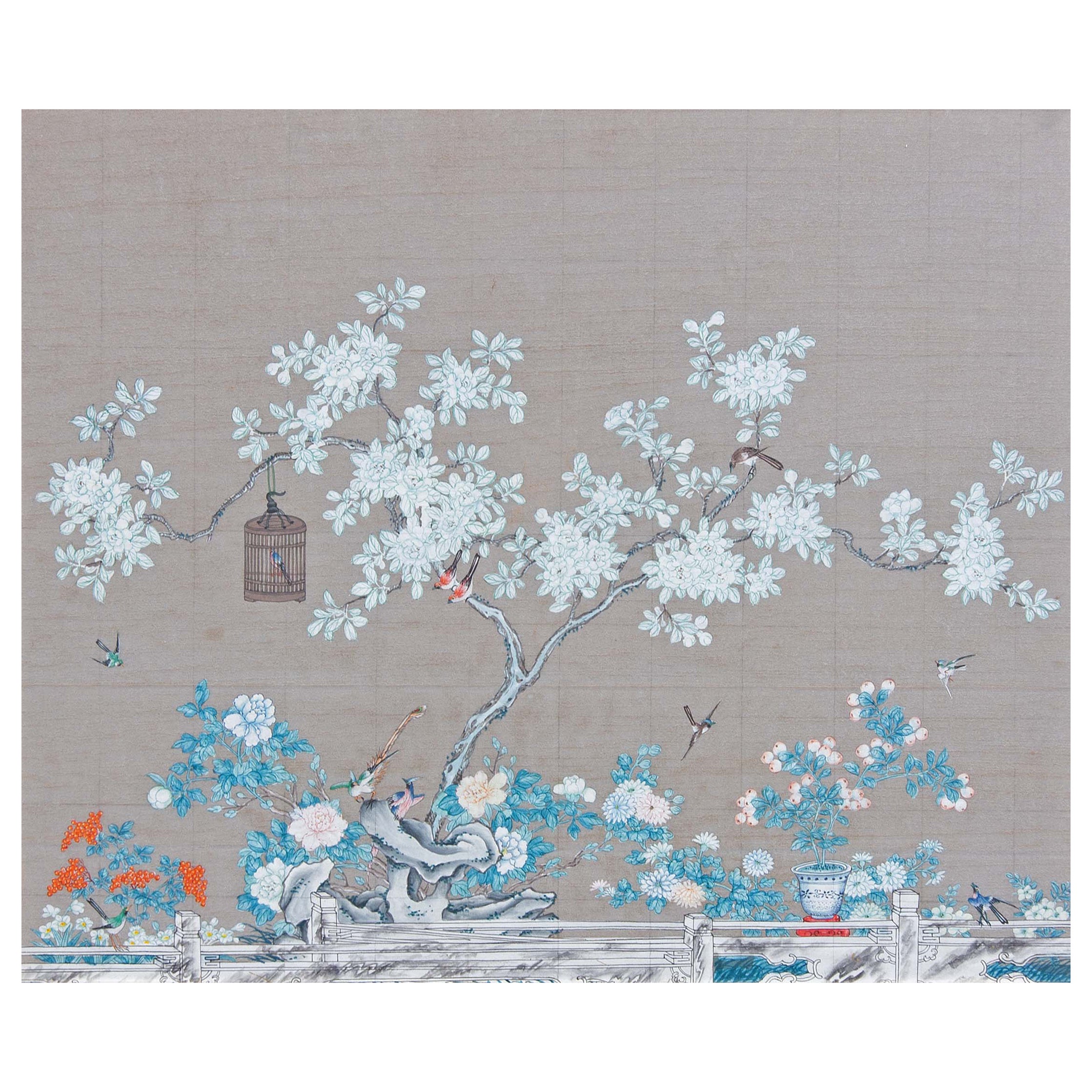 Decorative Chinese school painting. Fine detail and painted with rich colors. In a wonderful carved frame painted in pastel blue.





























french hollywood regency chinoiserie wallpaper 




