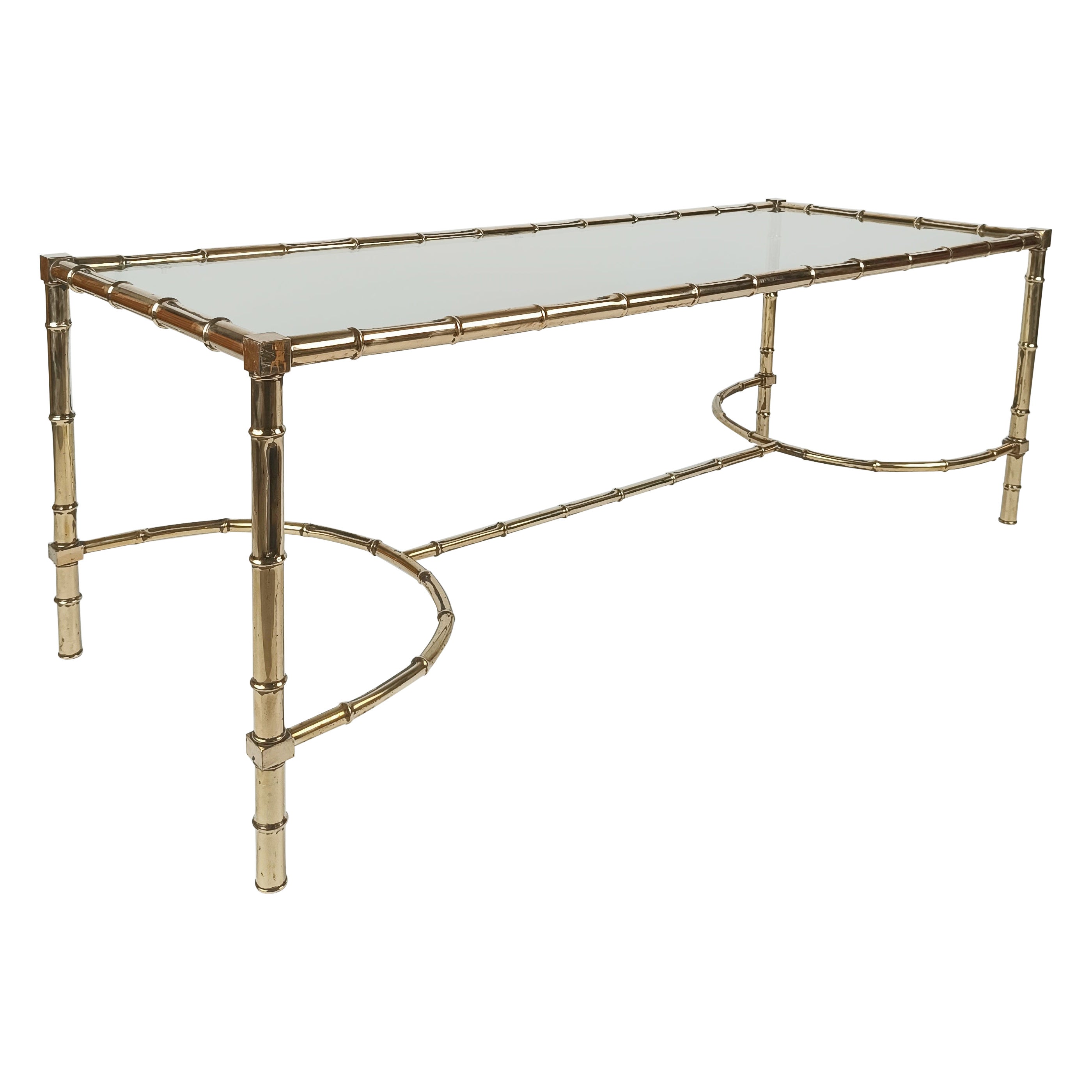  Brass Faux Bamboo and Glass, Italian Coffe Table in the Style Maison Baguès For Sale