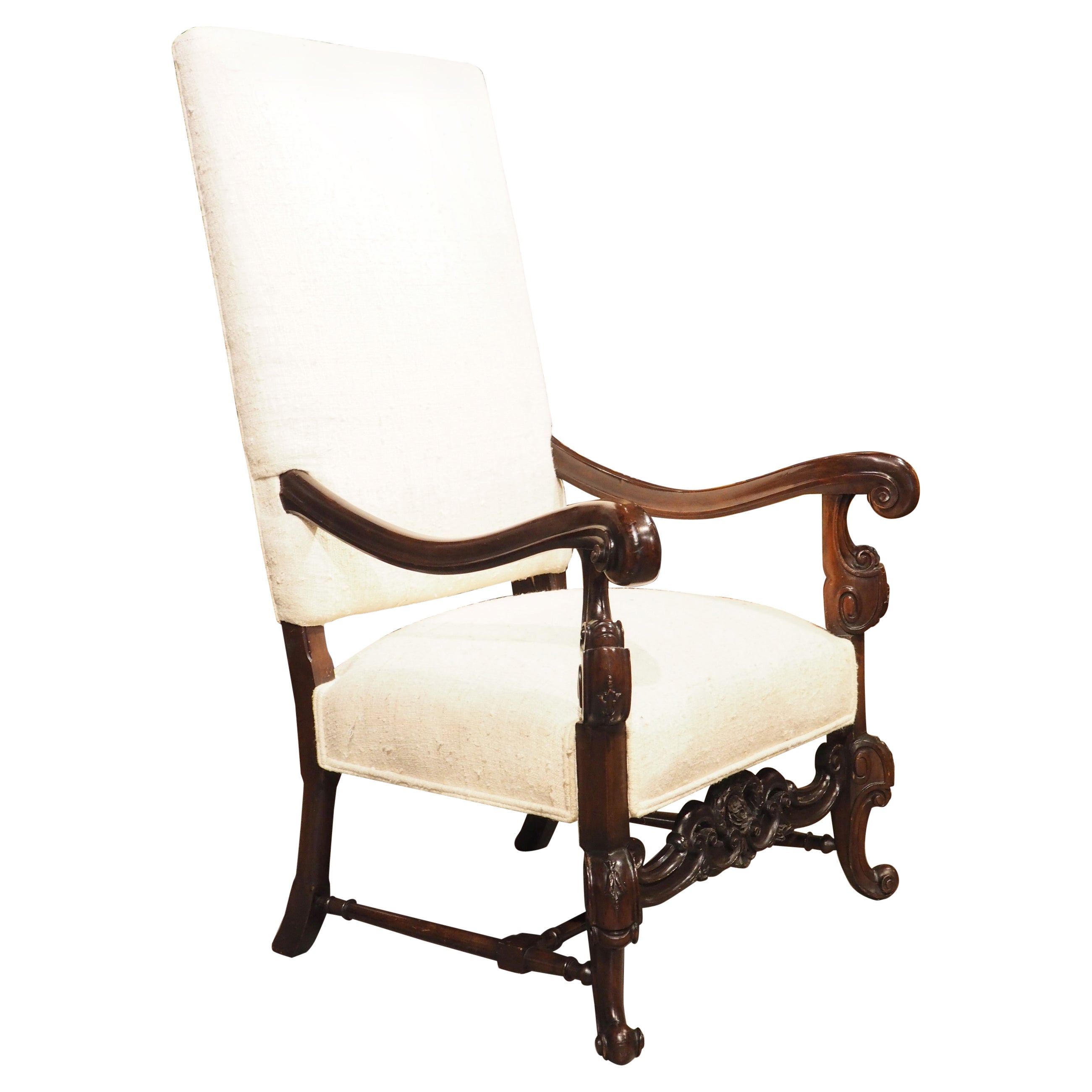 Carved Walnut Wood Baroque Style Armchair with Raw Silk Upholstery, Mid 1900s