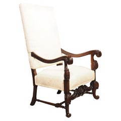 Retro Carved Walnut Wood Baroque Style Armchair with Raw Silk Upholstery, Mid 1900s