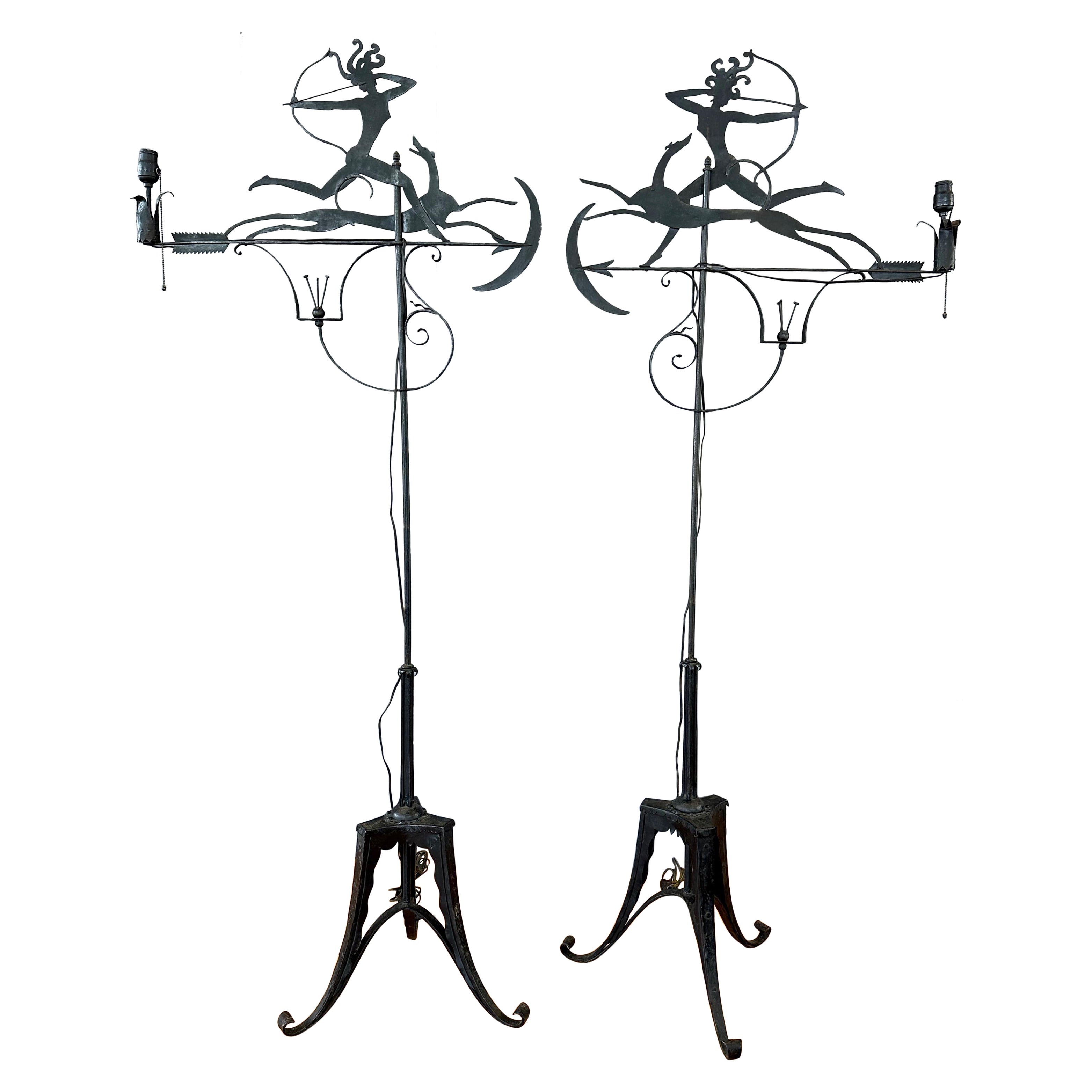 Pair of St. Francis Hotel Wrought Iron "Diana the Huntress" Floor Lamps, 1920