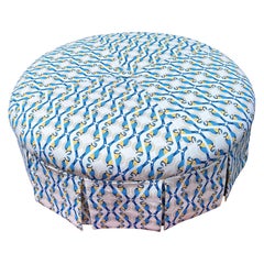 Custom Blue and White Round Coffee Table Ottoman With Pleated Skirt