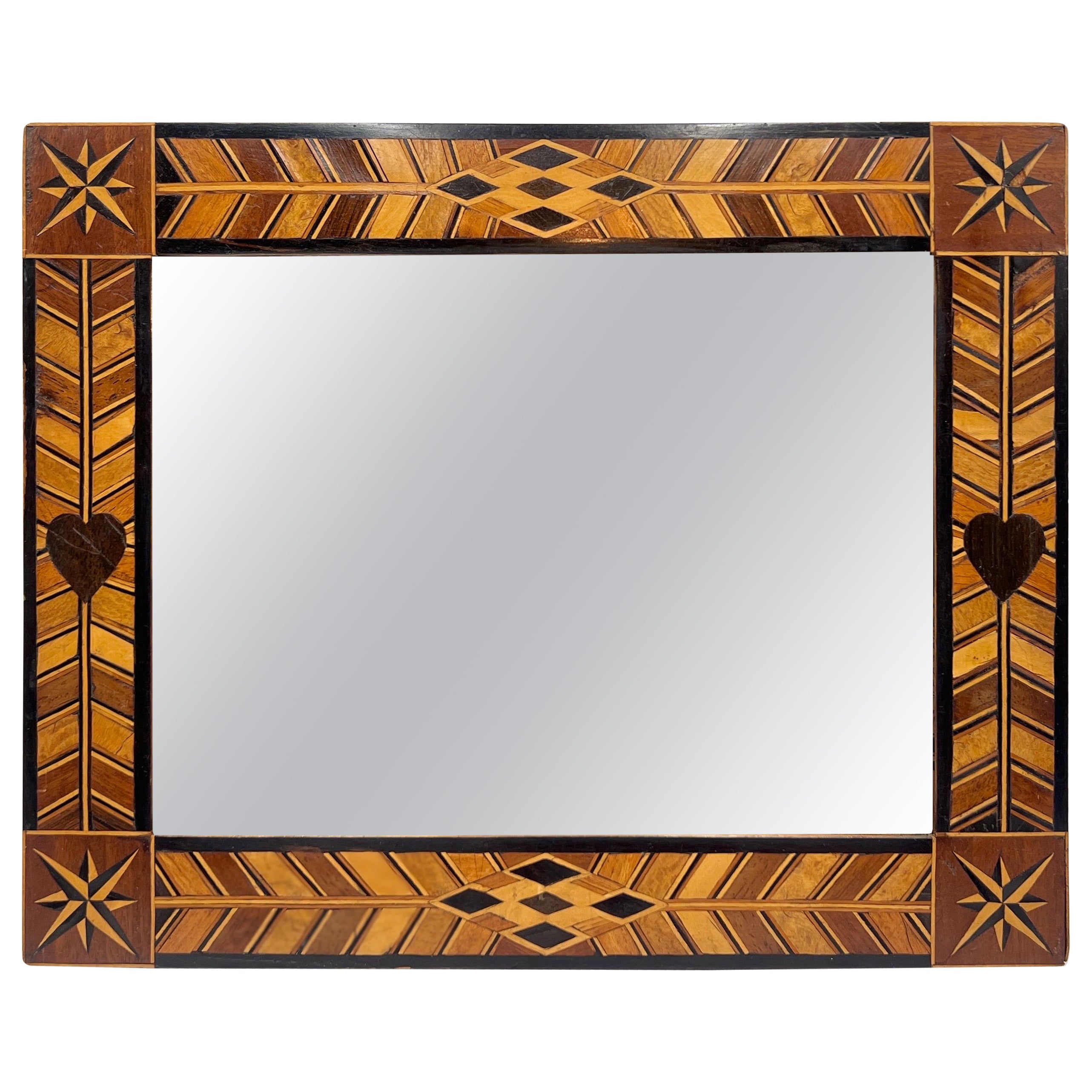 Antique American Folk Art Mirror with Exotic Wood Inlay For Sale