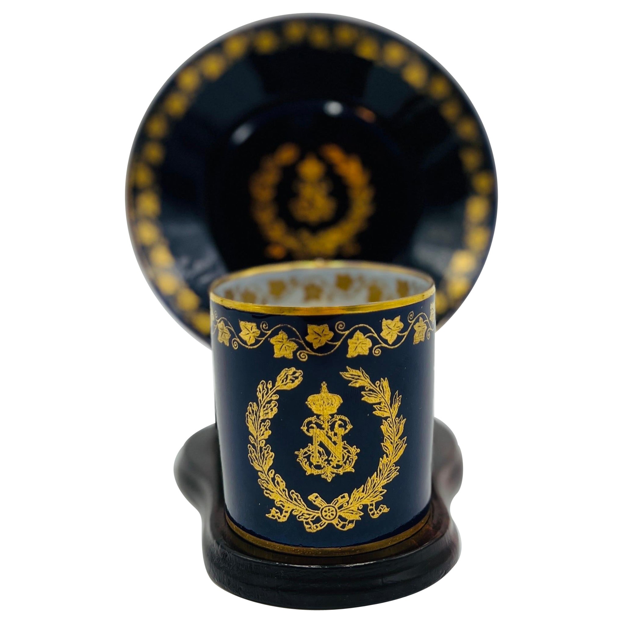 Antique 1857 Sevres Napoleon III Cobalt “N” Crowned Cup/Saucer  For Sale