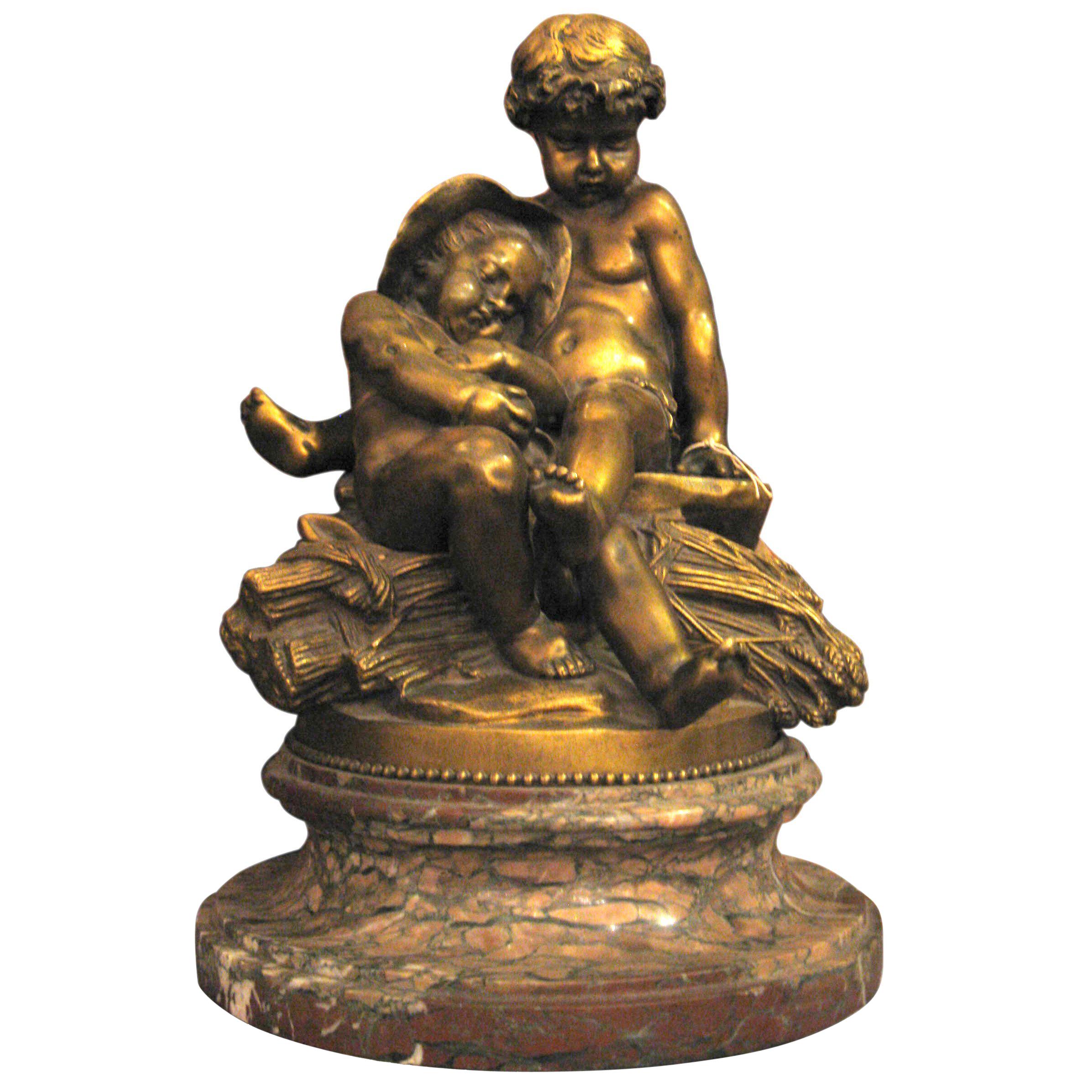 Statue en bronze signée Pigalle et base en marbre, 2 places Putti, 1850