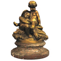 1850 Signed Pigalle Bronze Statue Marble Base 2 Sitting Putti