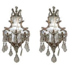 Antique Pair of Italian Murano Crystal Drop Wall Sconces in the Style of Maria Theresa