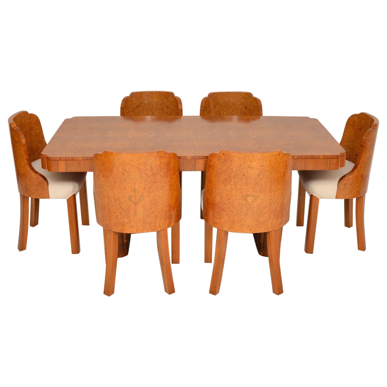 1930s Art Deco Burr Walnut Cloud Back Dining Table & Chairs