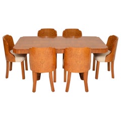 Vintage 1930s Art Deco Burr Walnut Cloud Back Dining Table & Chairs