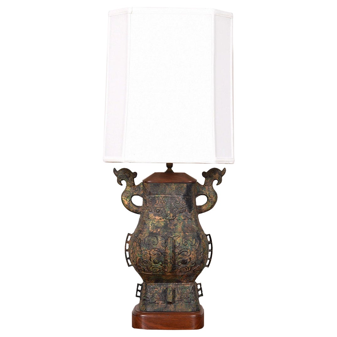 Large Asian-Inspired Walnut Accented Table Lamp