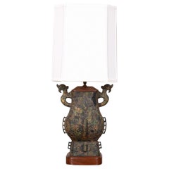 Retro Large Asian-Inspired Walnut Accented Table Lamp