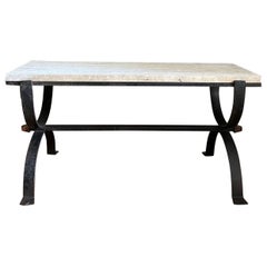 Small Wrought Iron and Travertine Coffee Table, French, c.1950s