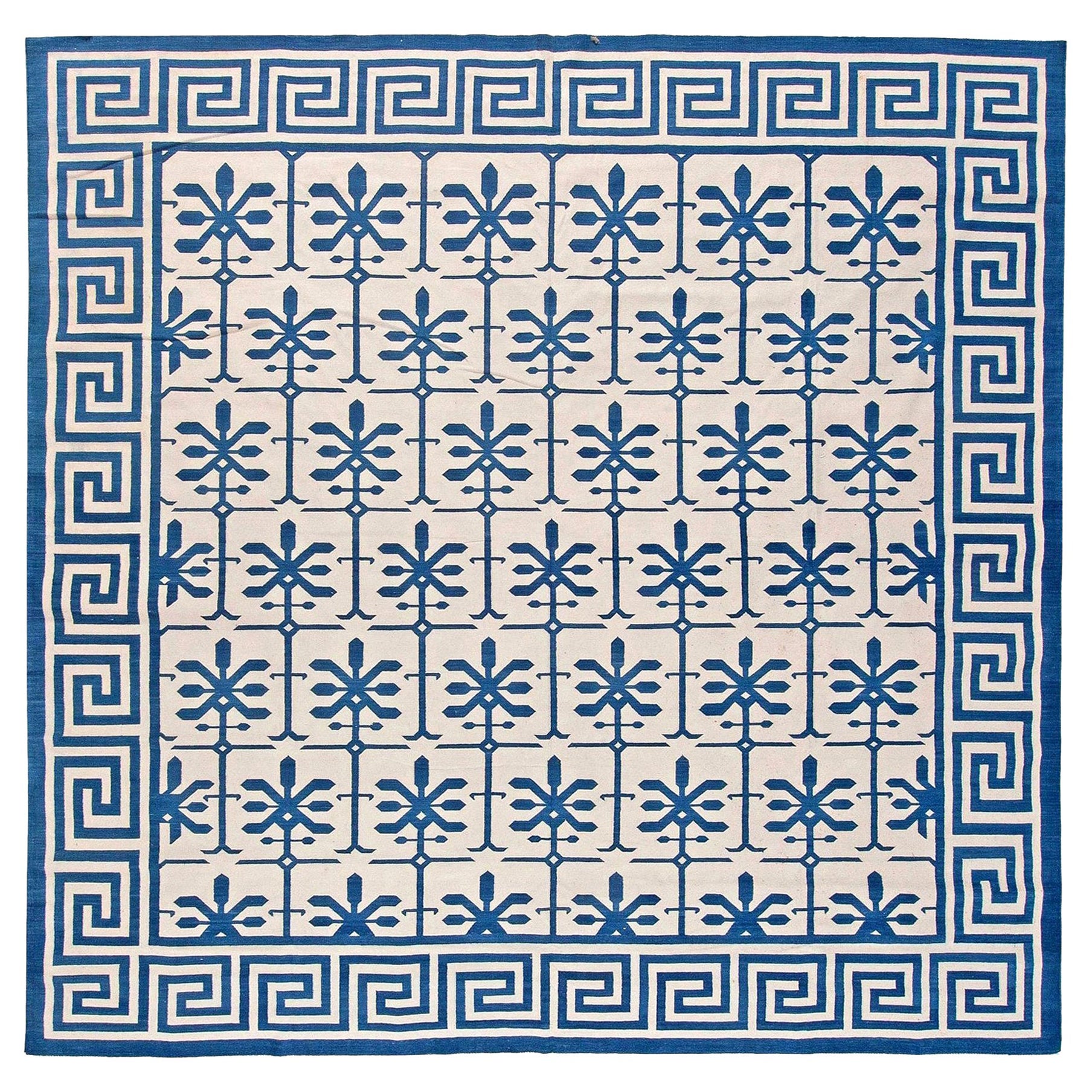 Modern Indian Dhurrie Blue, White Handmade Cotton Rug by Doris Leslie