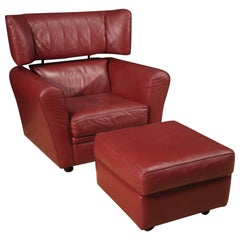 Set of 20th Century Red Leather Italian Zanotta Armchair with Footstool, 1980