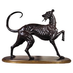 Großer Windhund mit Hund aus massiver Bronze aus der Art-déco-Periode