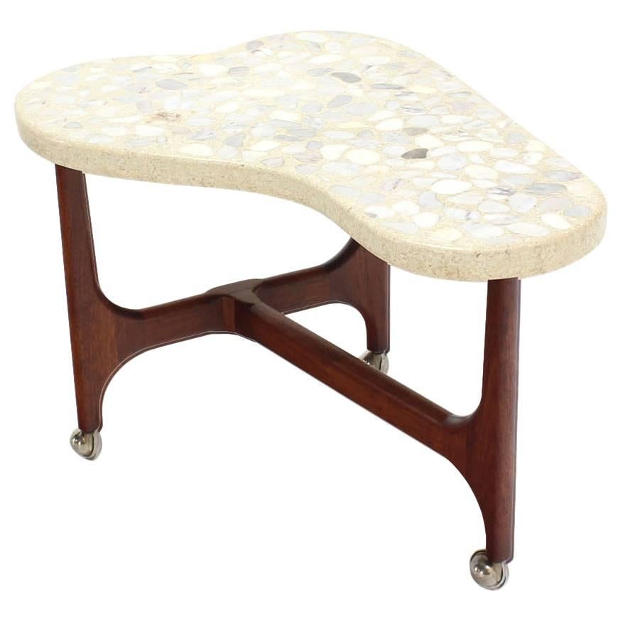 Organic Shape Solid Oiled Walnut Base Travertine Terrazzo  Top End Side Table  For Sale