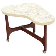 Organic Shape Solid Oiled Walnut Base Travertine Terrazzo  Top End Side Table 