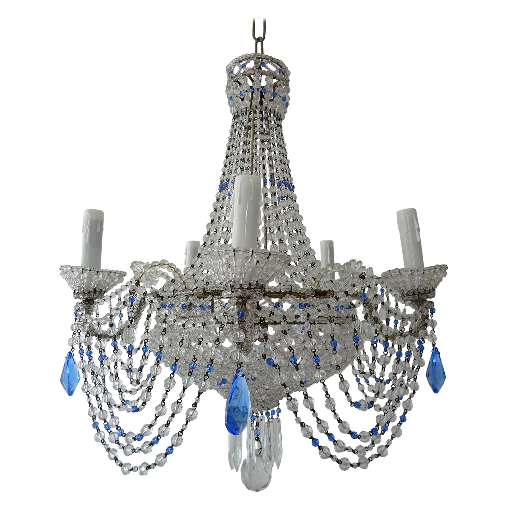 1940s Italian Completely Beaded Basket Cobalt Blue Accents Chandelier, C 1920