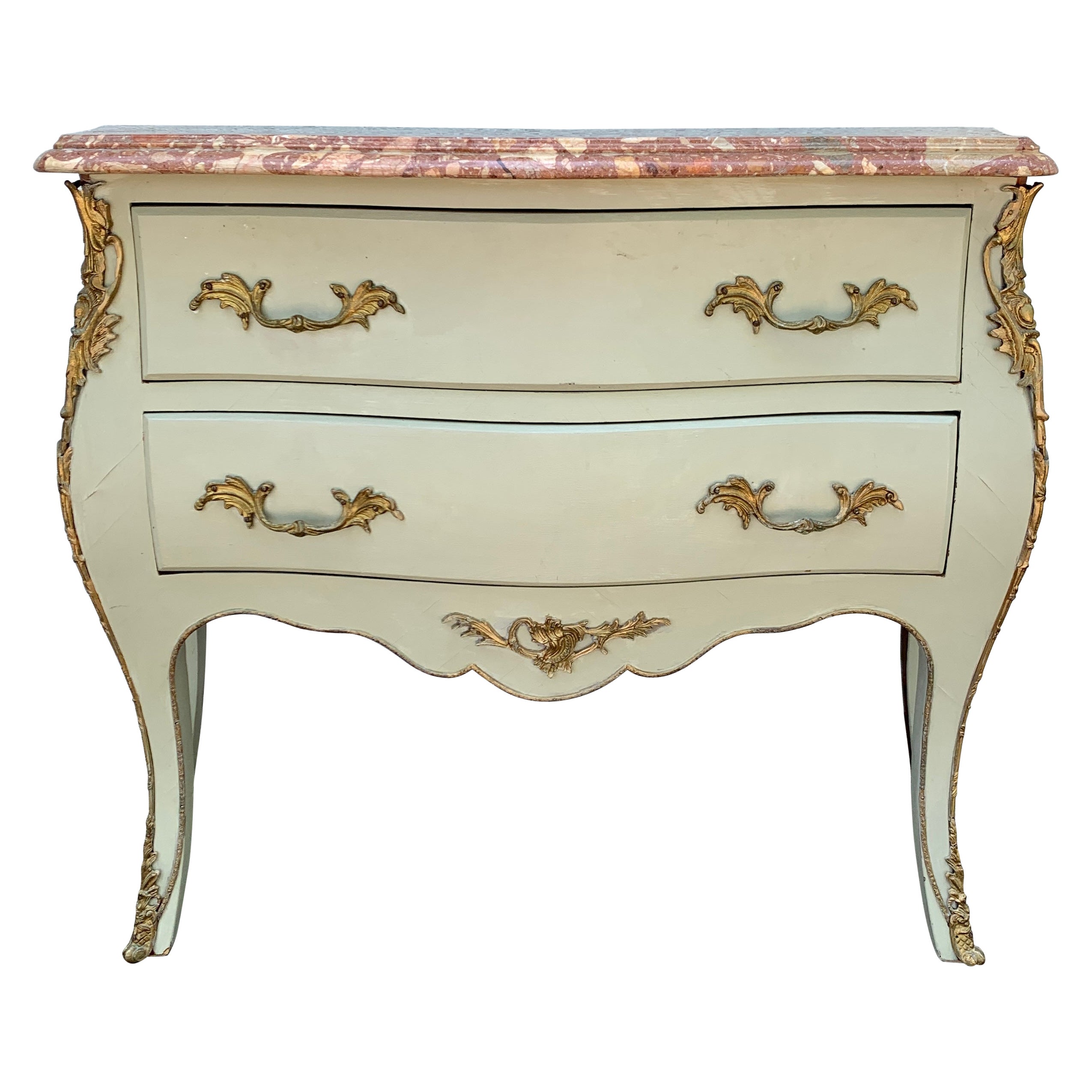 Antique French Louis XV Marble Top Bombay Chest Commode with Mounted Ormolu