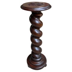 Antique French Pedestal Stand Barley Twist Carved Oak Round Plant Display Column