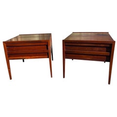 Danish Modern Oiled Walnut 2 Drawer End Tables/Nightstands, a Pair
