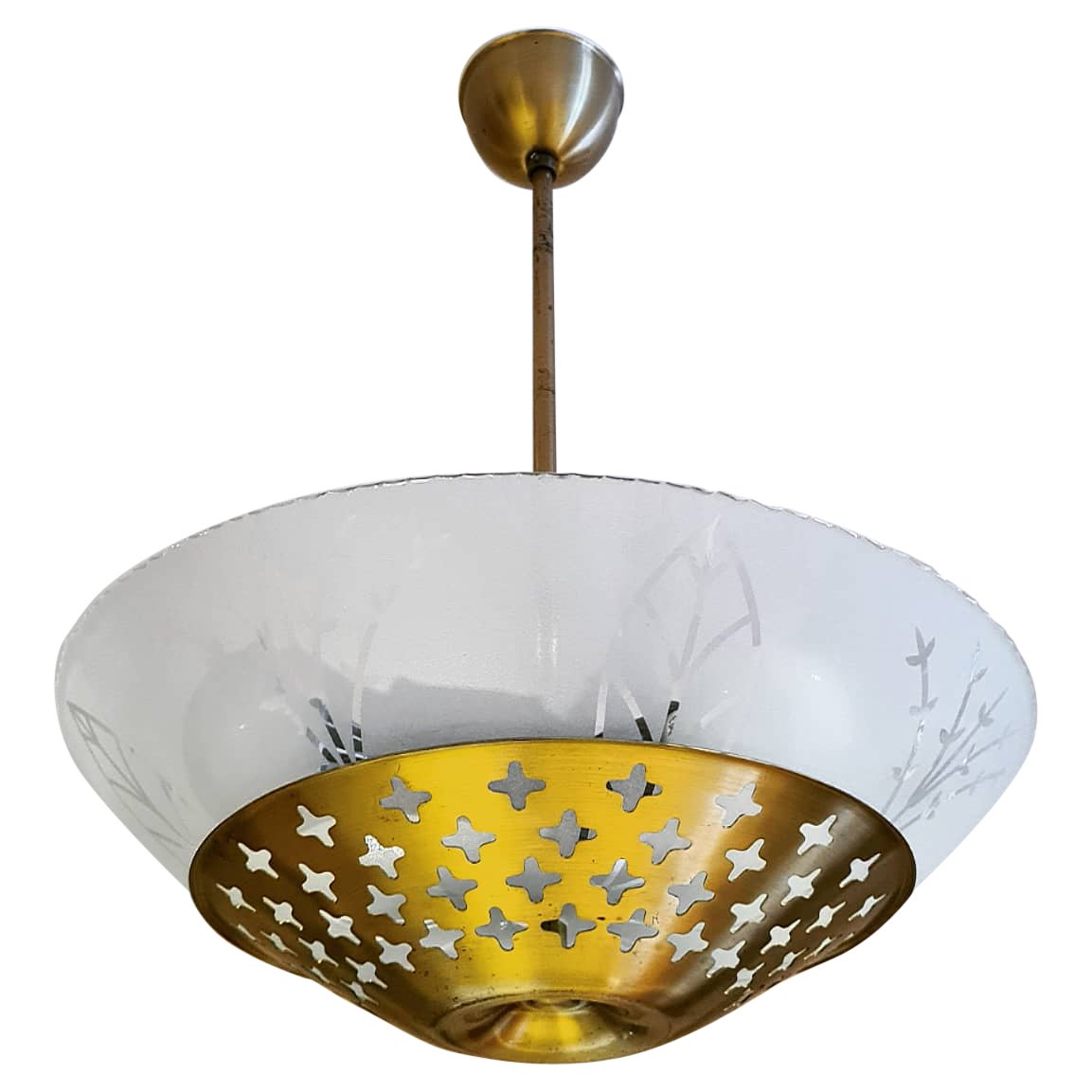 Swedish Modern Ceiling Lamp in Brass and Glass ca 1950's For Sale