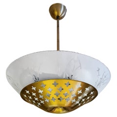 Retro Swedish Modern Ceiling Lamp in Brass and Glass ca 1950's