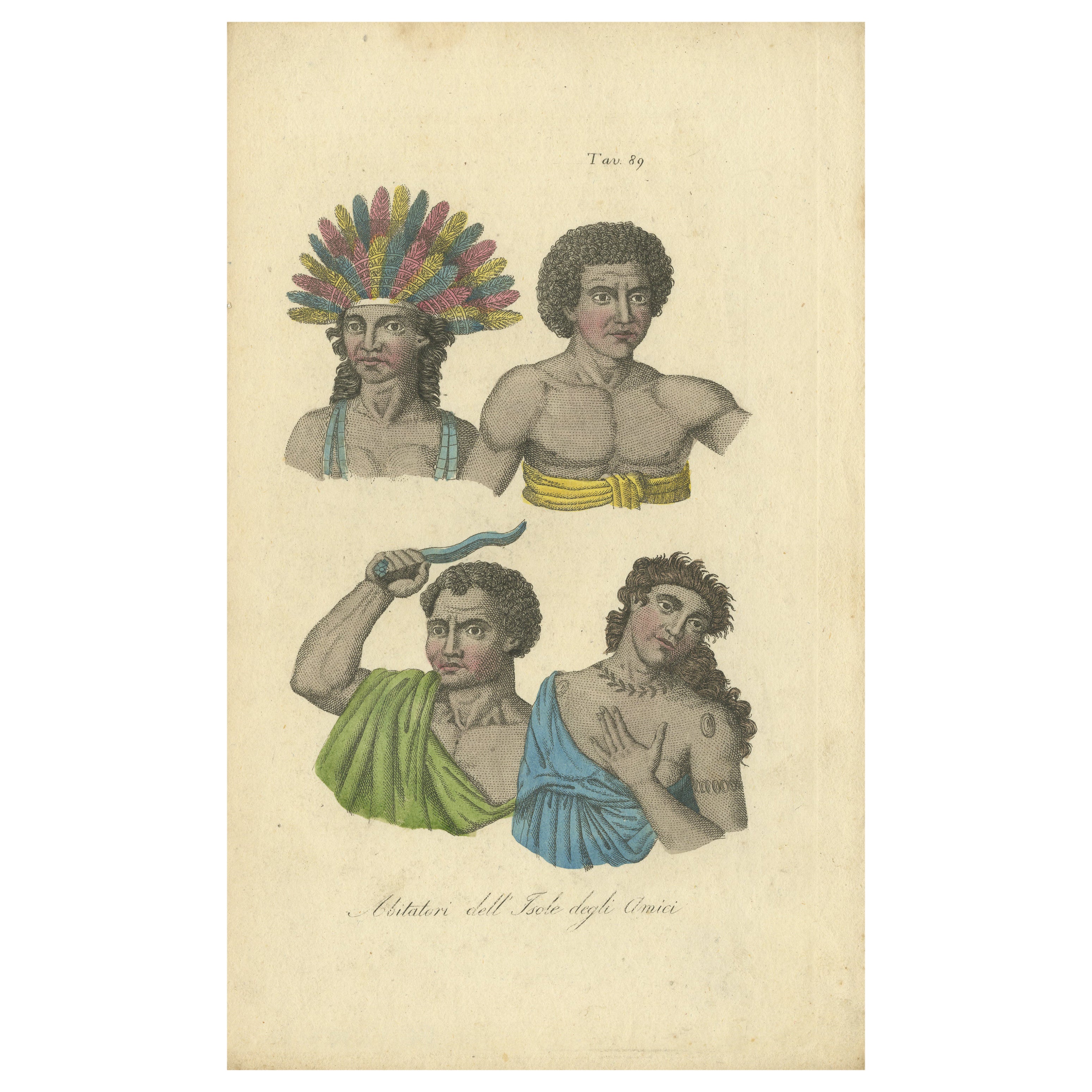Impression ancienne colorée à la main représentant des autochtones de Tonga, îles amicales
