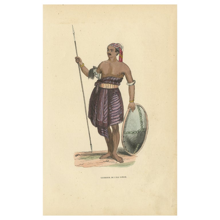 Hand Colored Antique Print of a Warrior of Sawu Island, Indonesia For Sale