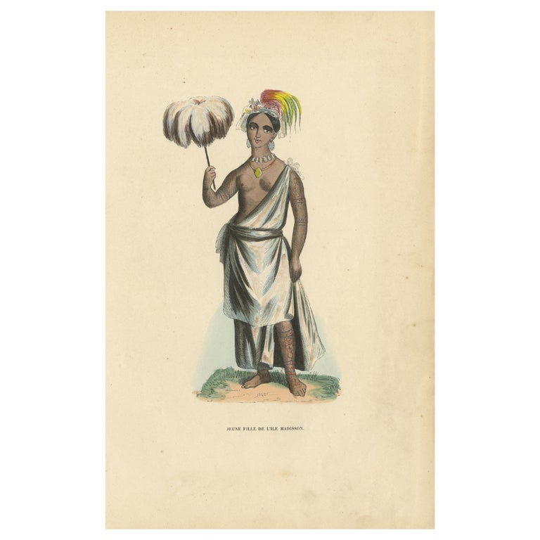 Old Print of Piteenee, a Young Woman of Nuku Hiva, Marquesas Islands, 1845 For Sale