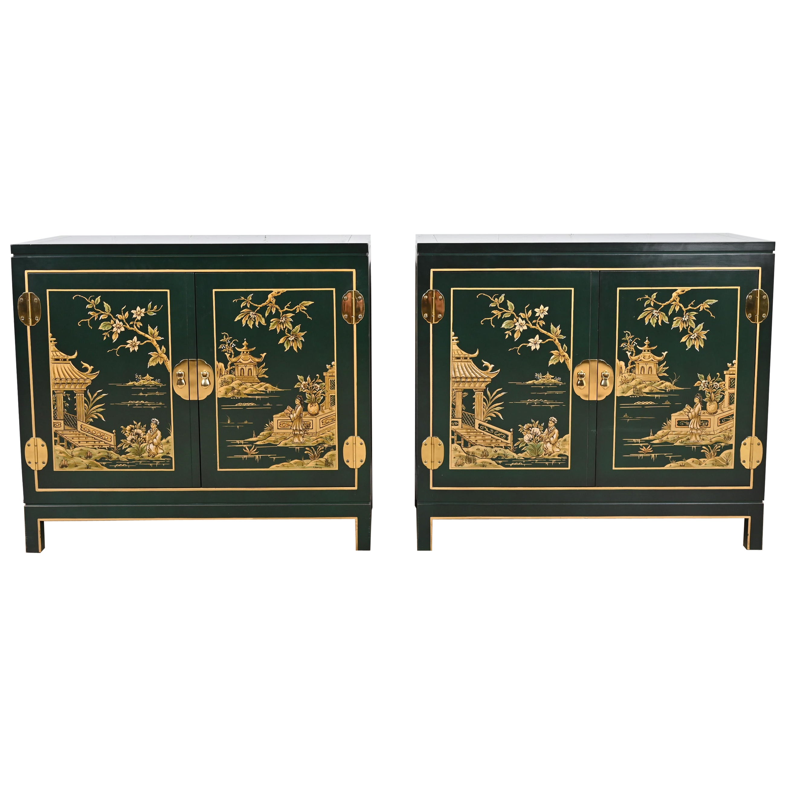 Kindel Furniture Chinoiserie Green Lacquered and Gold Gilt Hand Painted Cabinets
