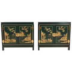 Vintage Kindel Furniture Chinoiserie Green Lacquered and Gold Gilt Hand Painted Cabinets