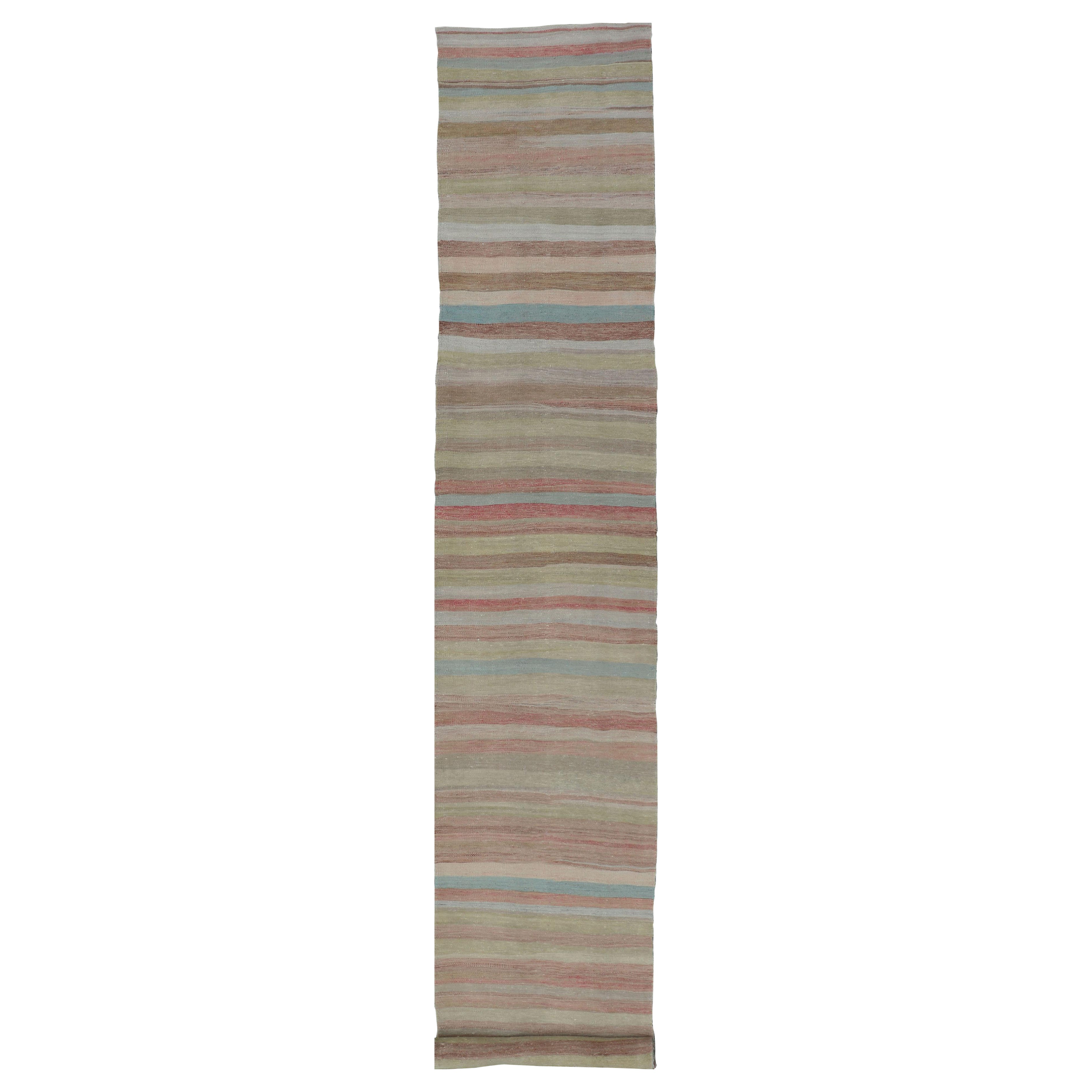 Very Long Vintage Turkish Kilim Runner with Stripe Design in Soft Colors 