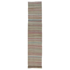 Very Long Retro Turkish Kilim Runner with Stripe Design in Soft Colors 