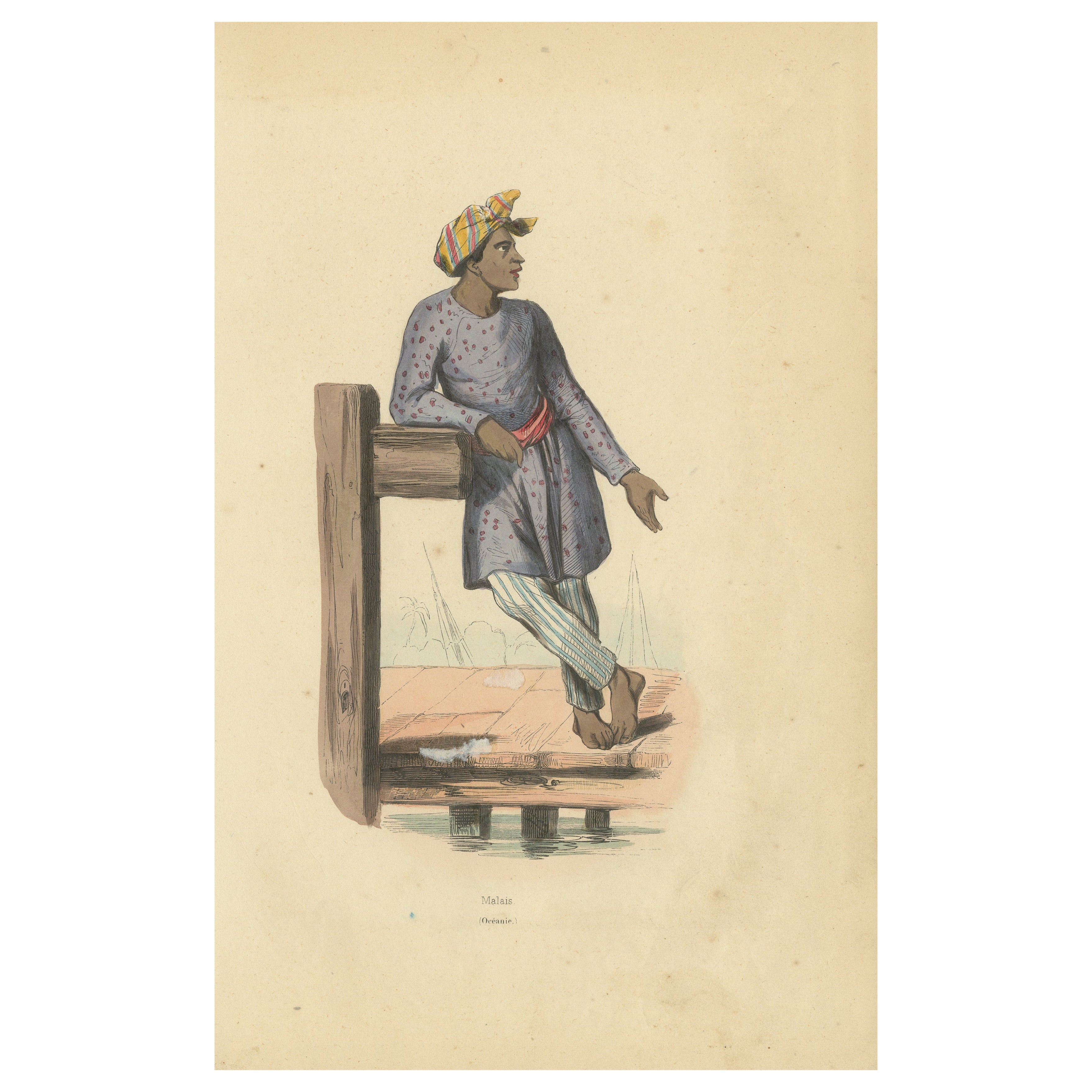Hand Colored Antique Print of a Malay Man of Singapore For Sale