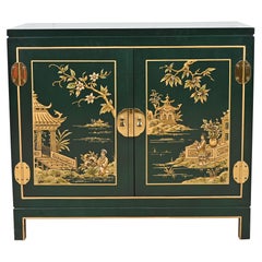 Vintage Kindel Furniture Chinoiserie Green Lacquered Gold Gilt Hand Painted Bar Cabinet