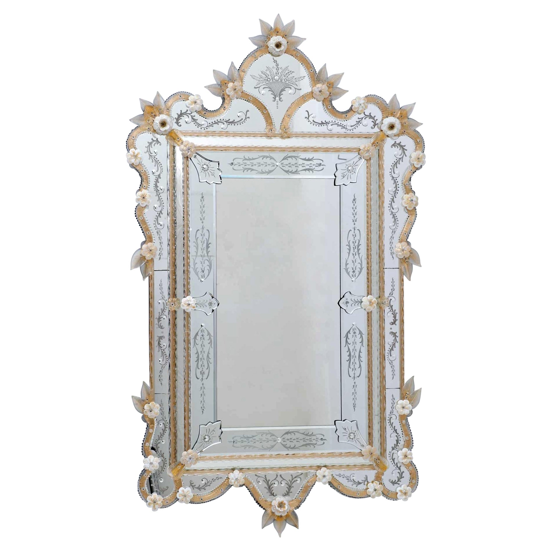 20th Century Venetian Murano Glass Gold Flowers Mirror For Sale