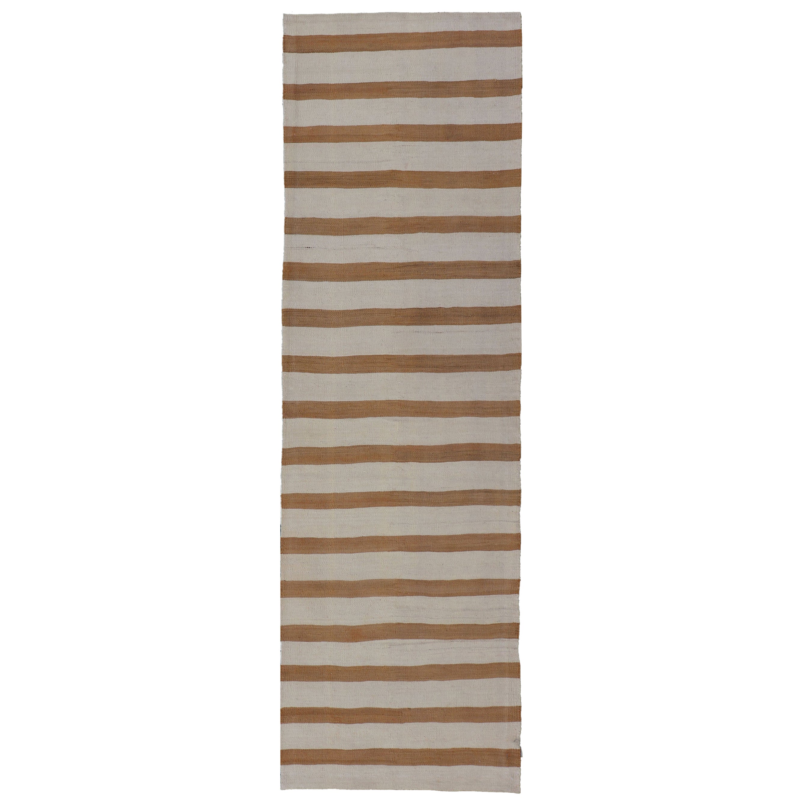 Vintage Turkish Kilim Rug with Horizontal Stripes in Light Brown and Cream For Sale
