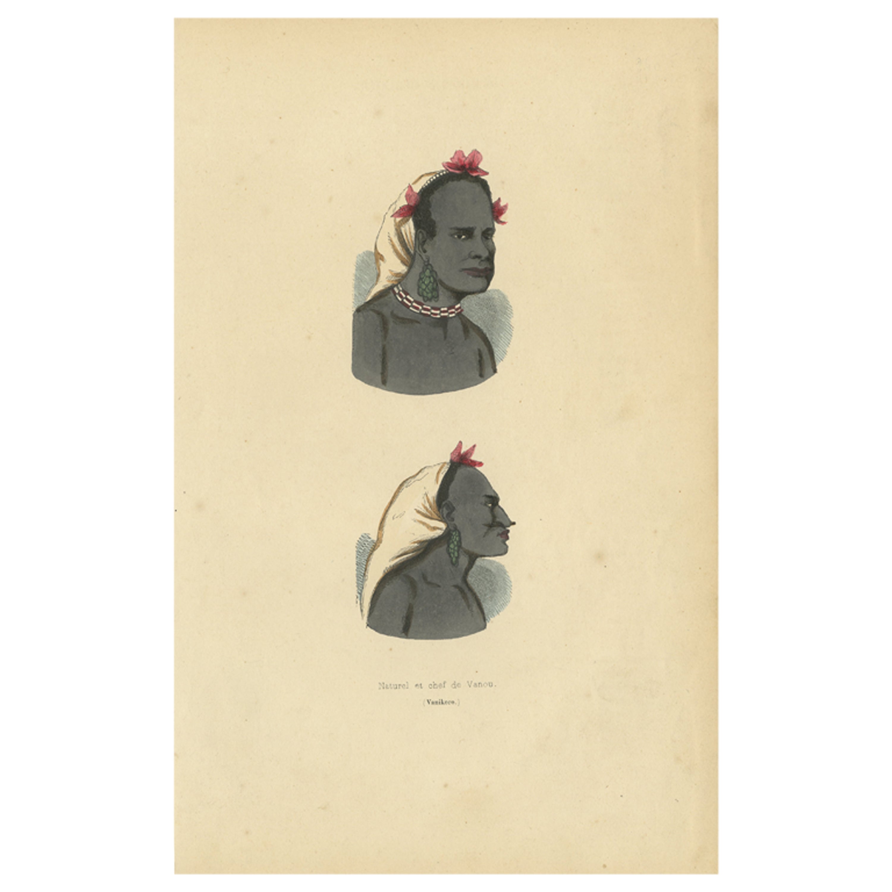 Hand Colored Antique Print of a Melanesian Chief and Man of Vanou, Vanikoro For Sale