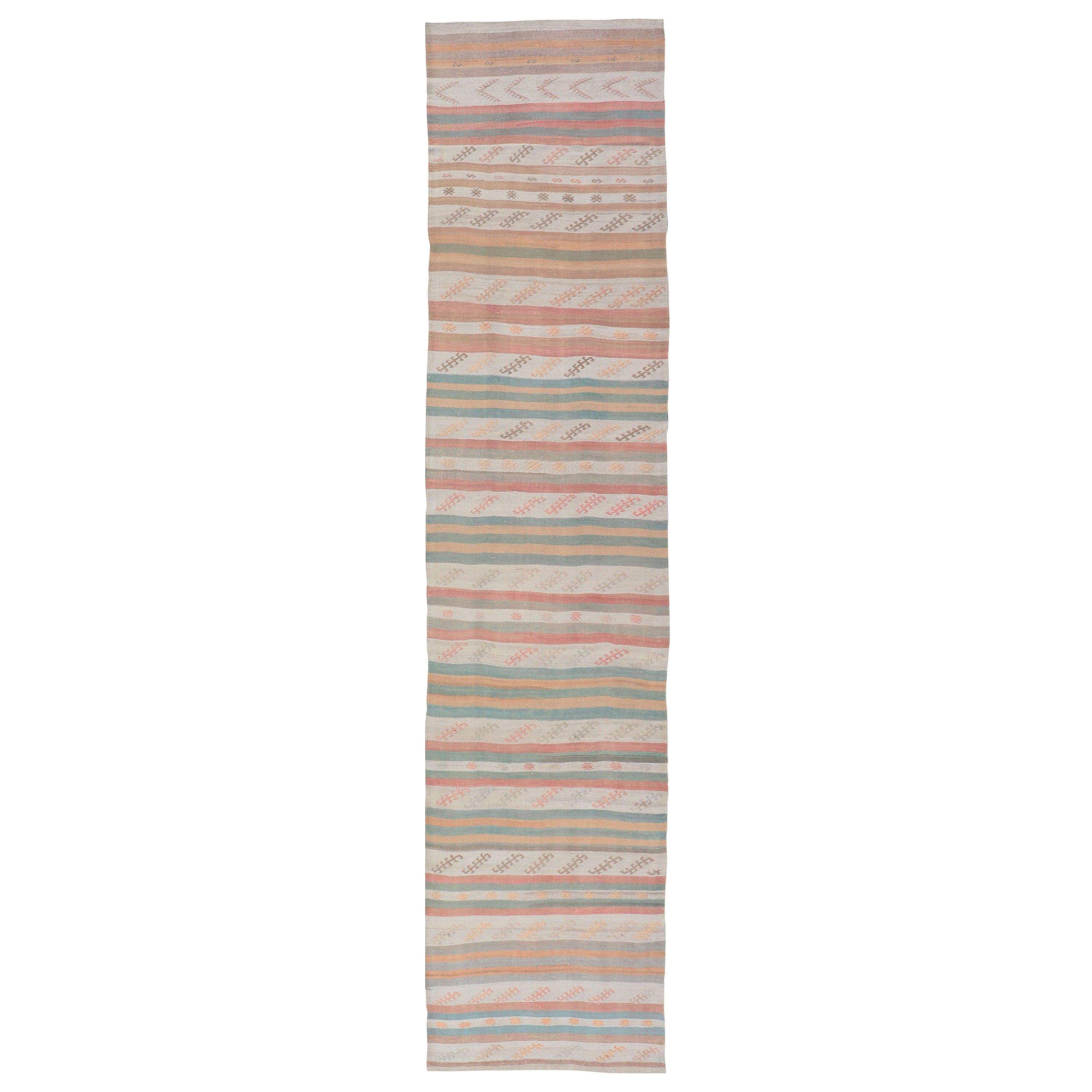 Alfombra Turca Kilim Vintage con Rayas en Crema, Verde Claro, Coral y Amarillo