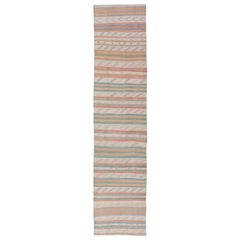 Vintage Turkish Kilim Runner with Stripes in Cream, Lt Green, Coral & Yellow 