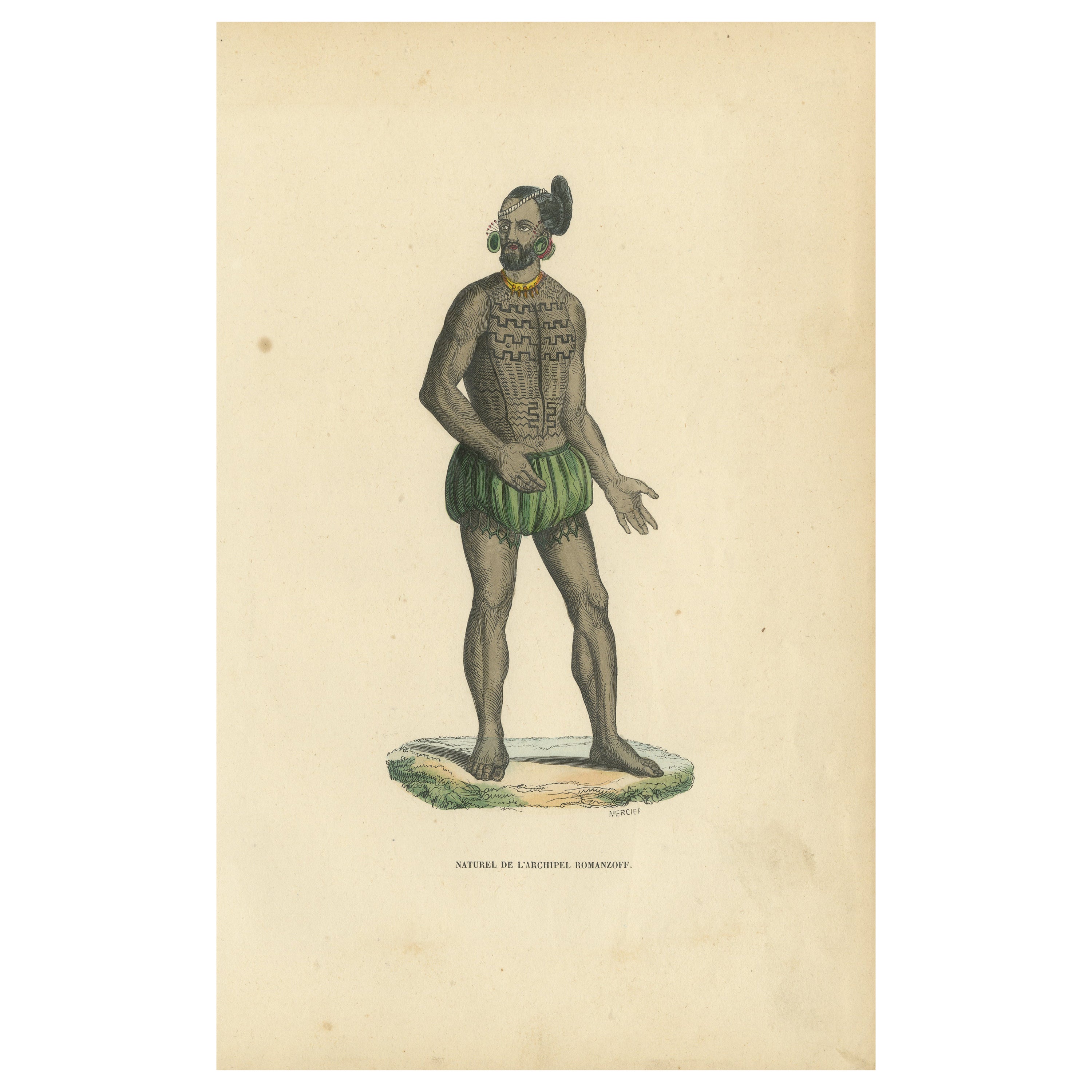Hand Colored Antique Print of a Native Man of Tikei Island