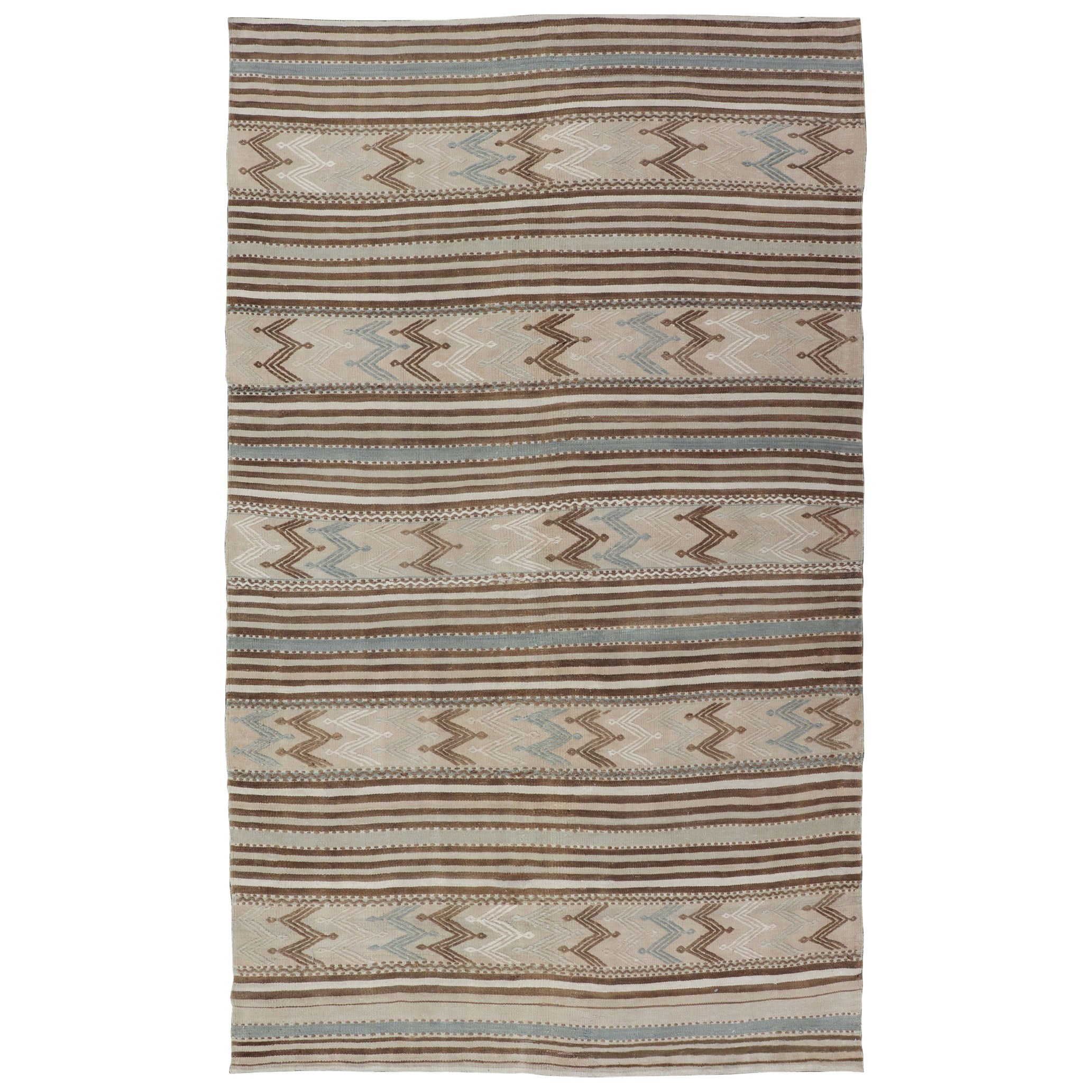 Turkish Hand Woven Flat-Weave Embroideries Kilim in Taupe, Brown, and Lt. Blue 