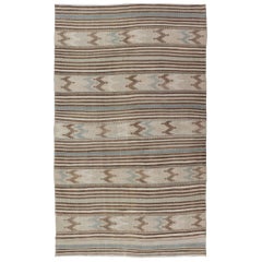 Vintage Turkish Hand Woven Flat-Weave Embroideries Kilim in Taupe, Brown, and Lt. Blue 