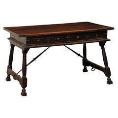 18th C. Spanish Carved-Walnut Trestle-Leg Desk W/Iron Stretchers & Two Drawers