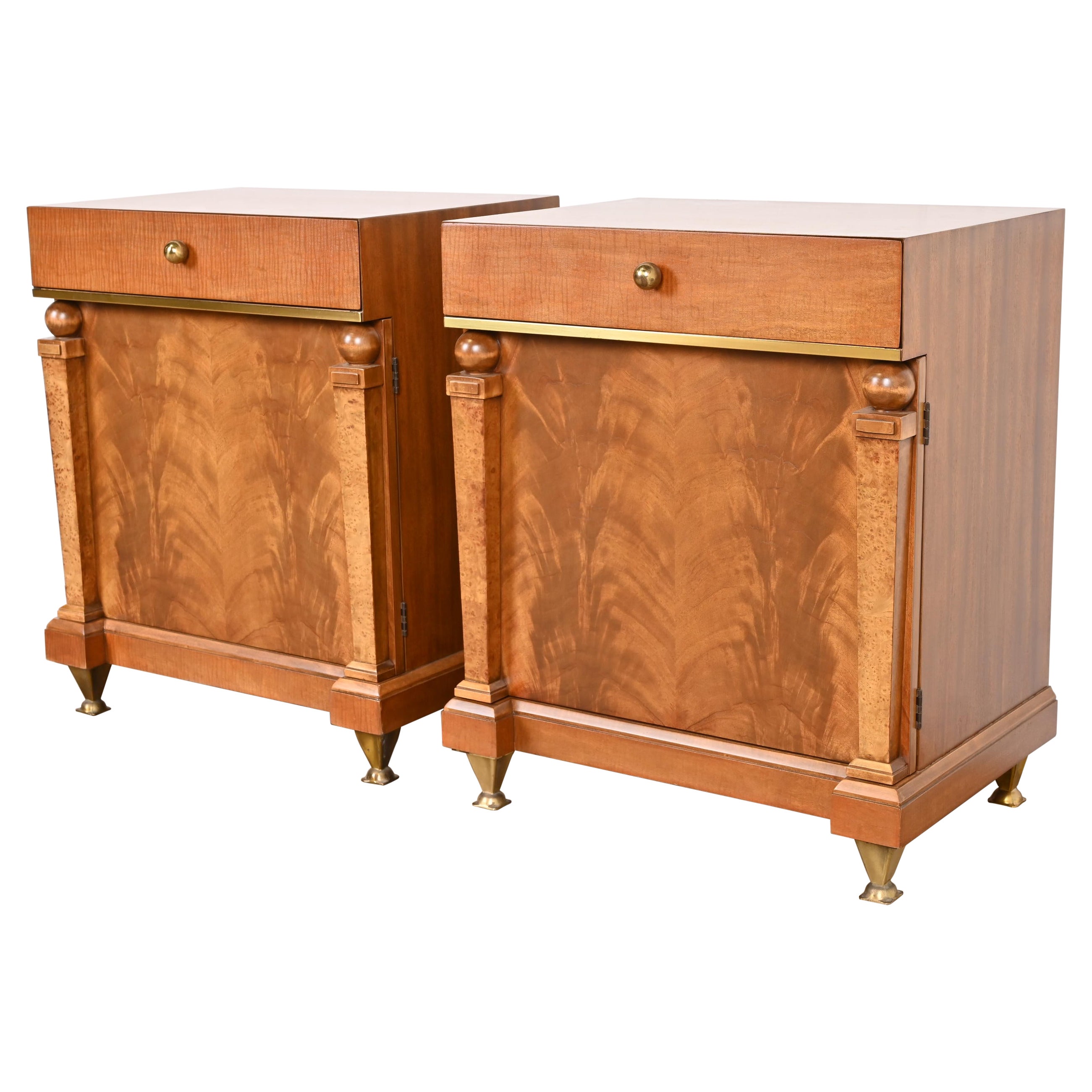 Romweber Empire Mahogany, Burl Wood, and Brass Nightstands, Newly Refinished For Sale