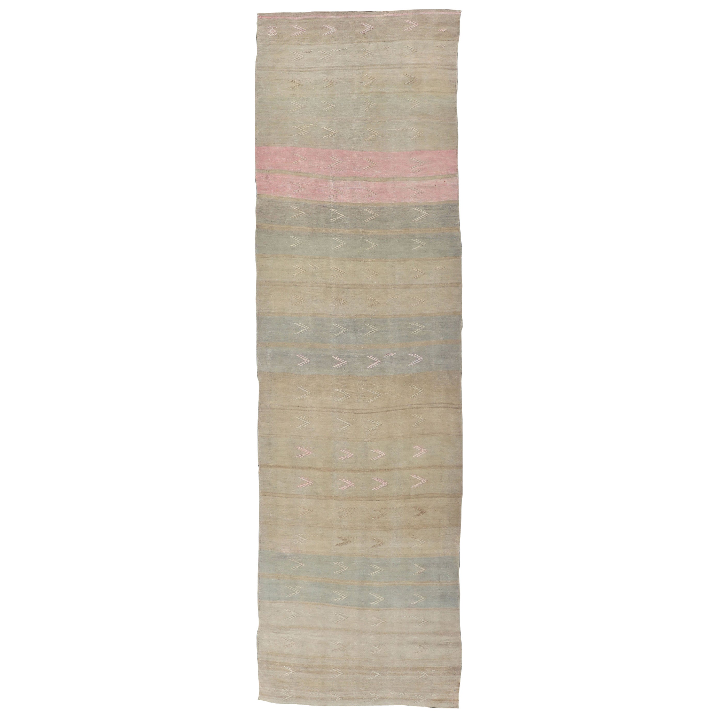 Vintage Kilim Runner with Stripes and Geometric Tribal Motifs in Light Tones